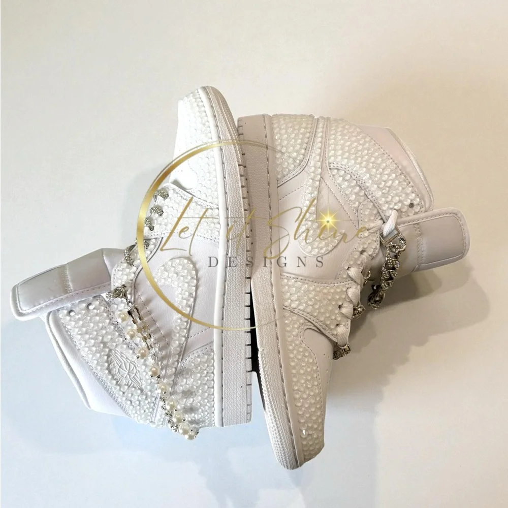 White Bling Wedding Jordan 1 Mid Custom Rhinestone Sneakers - Picture 9 of 12